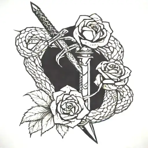 A Snake Wrapped Around A Sword With A Rose Intertwined In The Design