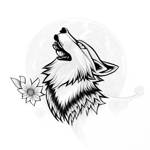 A Wolf Howling At The Moon Surrounded By Flowers