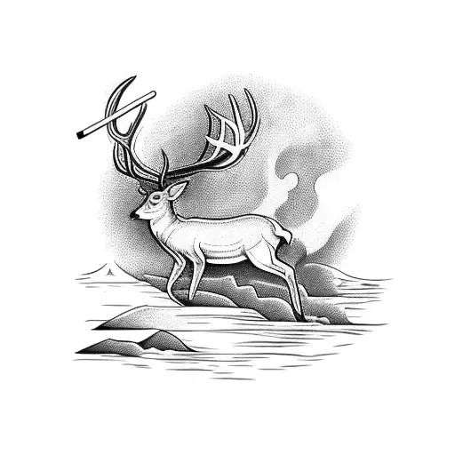 A Majestic Deer Leaping Over A Fishing Rod With A Christian Cross In The Background