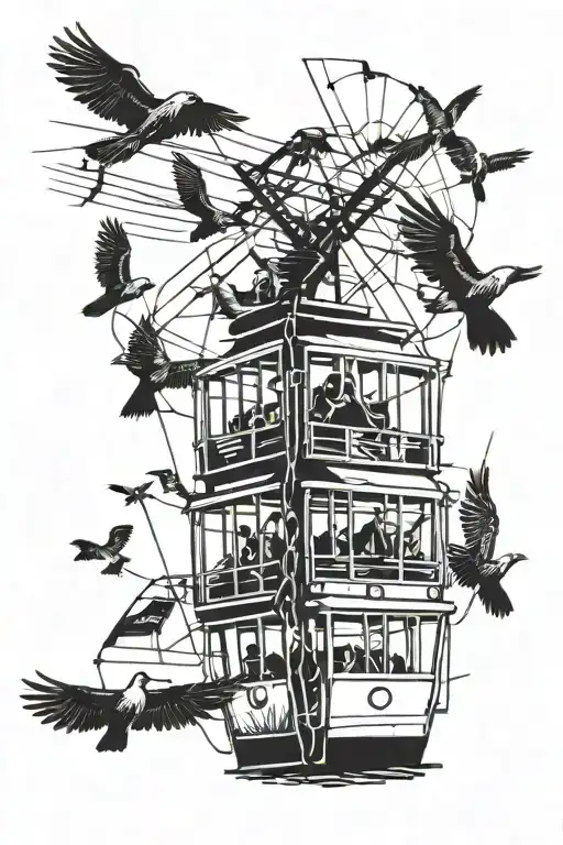 Outline Of Birds Flying Away From A Power Cable Car
