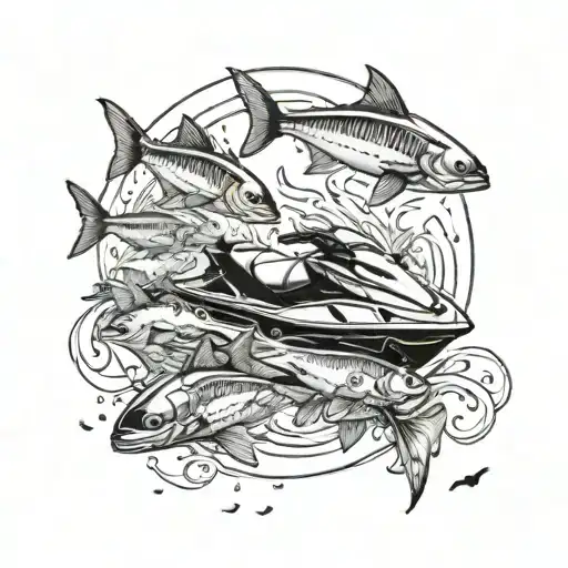 Incorporate A Detailed Jet Ski Design With A School Of Fish Swimming Around It