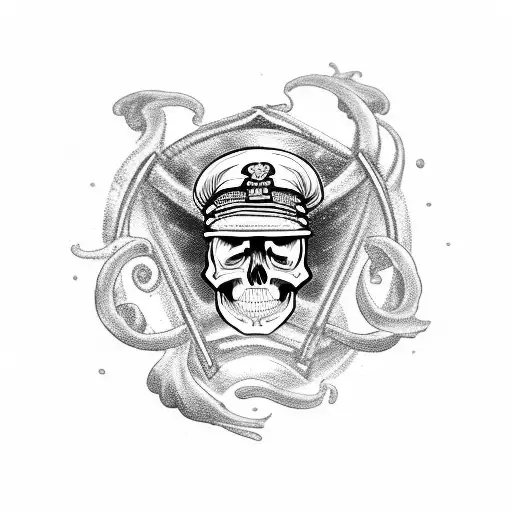 A Skull Wearing A Captain's Hat Surrounded By Waves And A Ship's Wheel