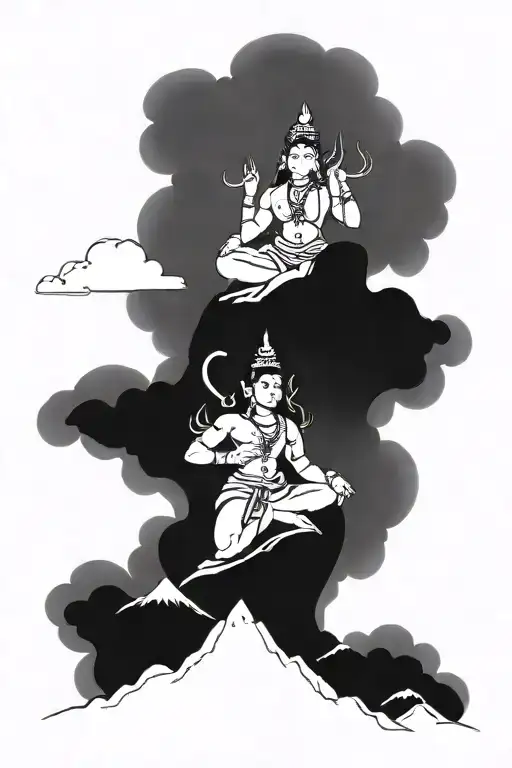 A Sketch-style Tattoo Of Shiva Dancing On A Mountain Peak Surrounded By Clouds
