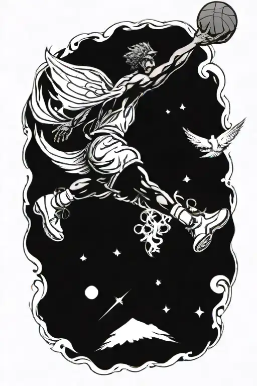 A Basketball Player Soaring Through The Air Like Icarus With Wings Made Of Flames