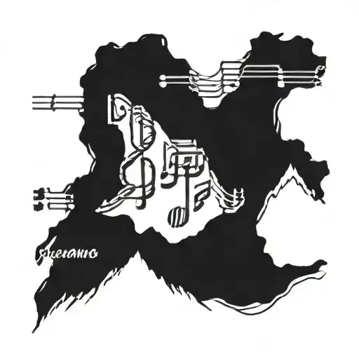 A Silhouette Of A Mountain Range With Musical Notes Floating Around It