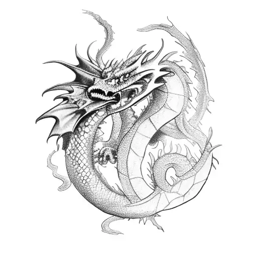 A Black And Grey Sketch Of A Dragon Breathing Fire With Weapon-like Scales