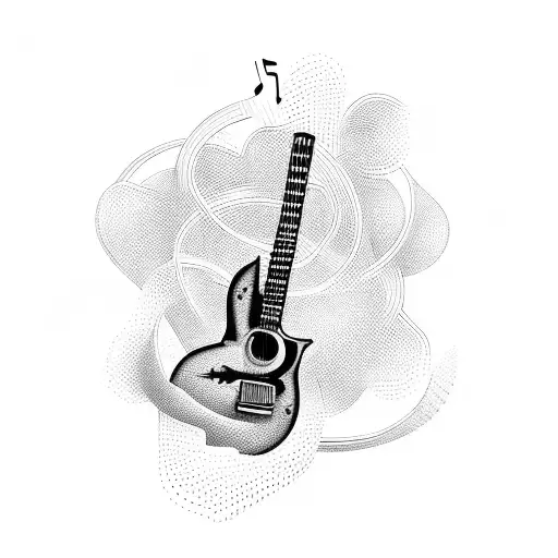 A Guitar Made Of Blackwork Lines With Musical Notes Floating Around It