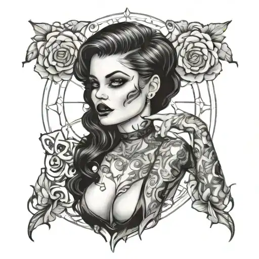 Gothic Pin Up Girl With Fine Lines Integrated Into A Blackout