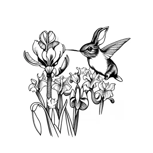A Whimsical Scene Of A Rabbit And Hummingbird Frolicking In A Field Of Irises
