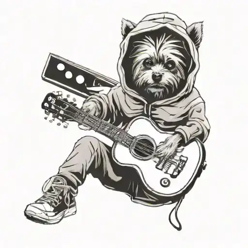 Design A Tattoo Of A Yorkie Dog In A Hoodie Playing Guitar