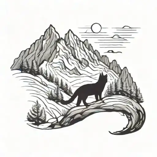 A Blackwork Design Of A Cat Exploring A Mountainous Terrain