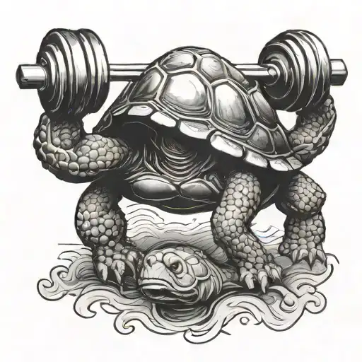 A Detailed Blackwork Tattoo Of A Strong And Muscular Turtle Lifting Weights In The Gym
