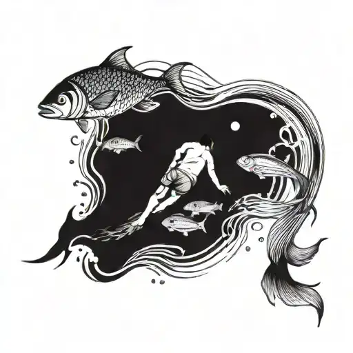 A Tattoo Design Of A Person Swimming With A School Of Fish In A Tranquil Ocean Setting