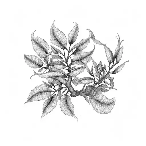 A Beautiful Caliandra Blooming In The Midst Of A Blackwork Forest Scene