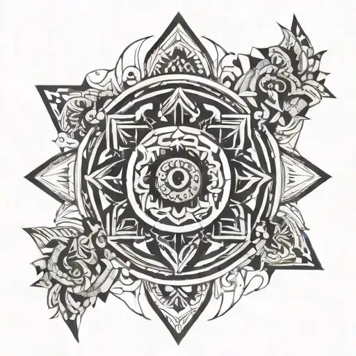 A Geometric Mandala Incorporating Elements Of Indian Mythology And Symbolism