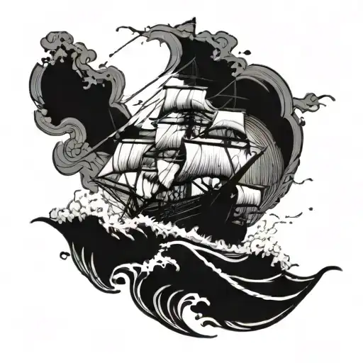 A Detailed Blackwork Tattoo Of A Majestic Sailing Ship On Rough Ocean Waves