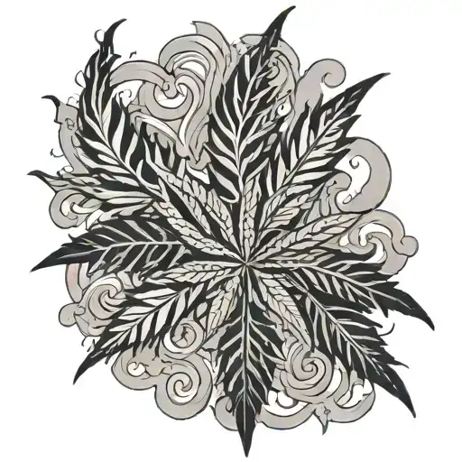 An Abstract Blackwork Design Of Smoke Swirling Around A Cannabis Leaf