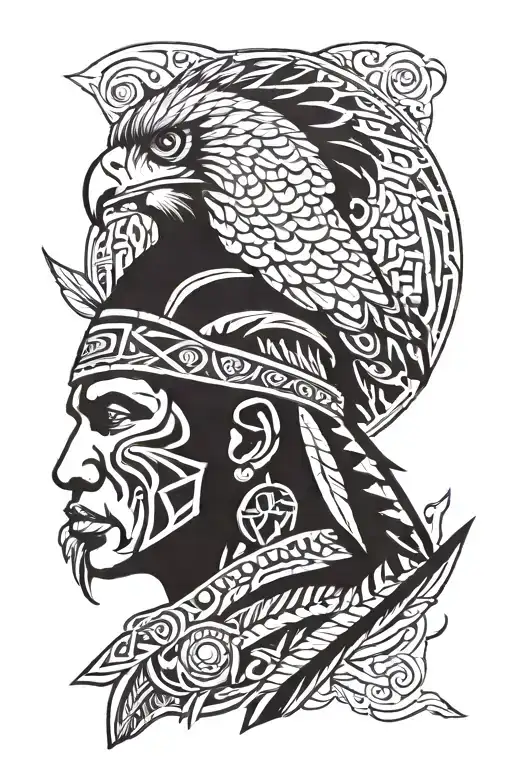 Face Of Indigenous Brazilian Warrior With A Hawk Behind And Tribal