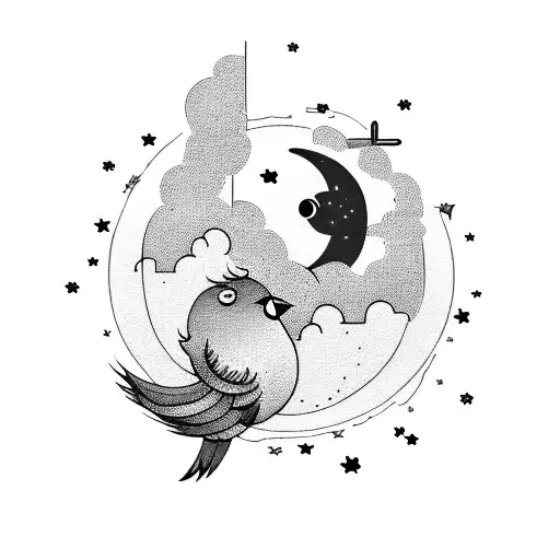 Birds With Moon And Clouds And Stars