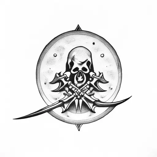 Grim Reaper Seat On His Scythe Looking Moon Far And Hold A Skull In Hand