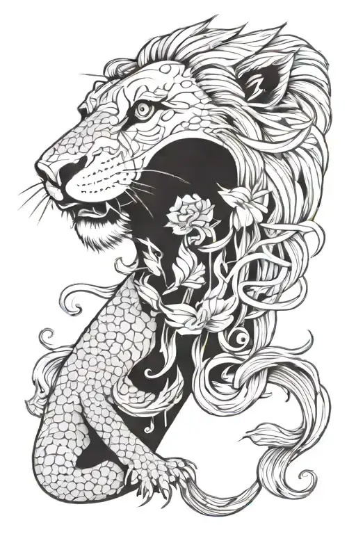 A Lion With A Koi Fish In His Mouth