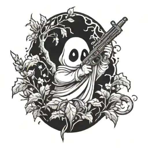Cartoon Ghost Peeking Out Of A Bush Holding A Weapon