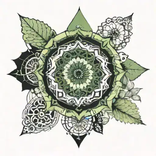 A Black And Green Mandala Incorporating Elements Of Nature And Photography Equipment