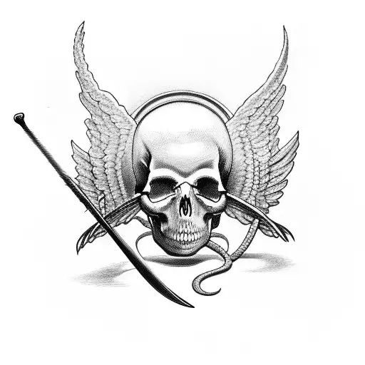 Angel Holding A Sword That Is Lodged In A Skull While A Snake Is Around The Sword