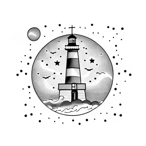 Lighthouse That Illuminates A Boat And The Sky Has Stars