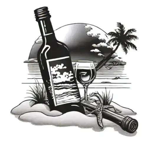 A Beach Scene With A Wine Bottle And Glass On The Sand