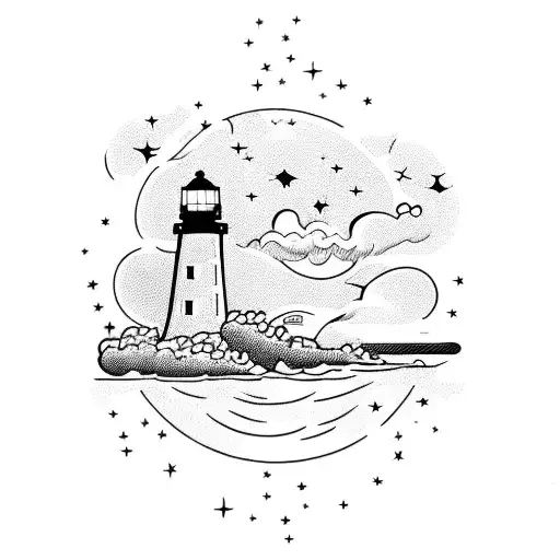 Lighthouse That Illuminates A Boat And The Sky Has Stars