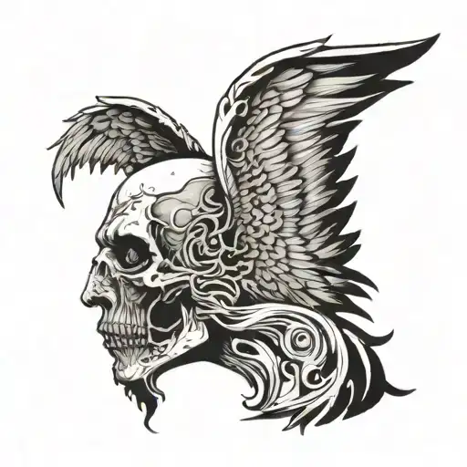 Angel Wings Flying Towards Each Other Side View Zombie Head