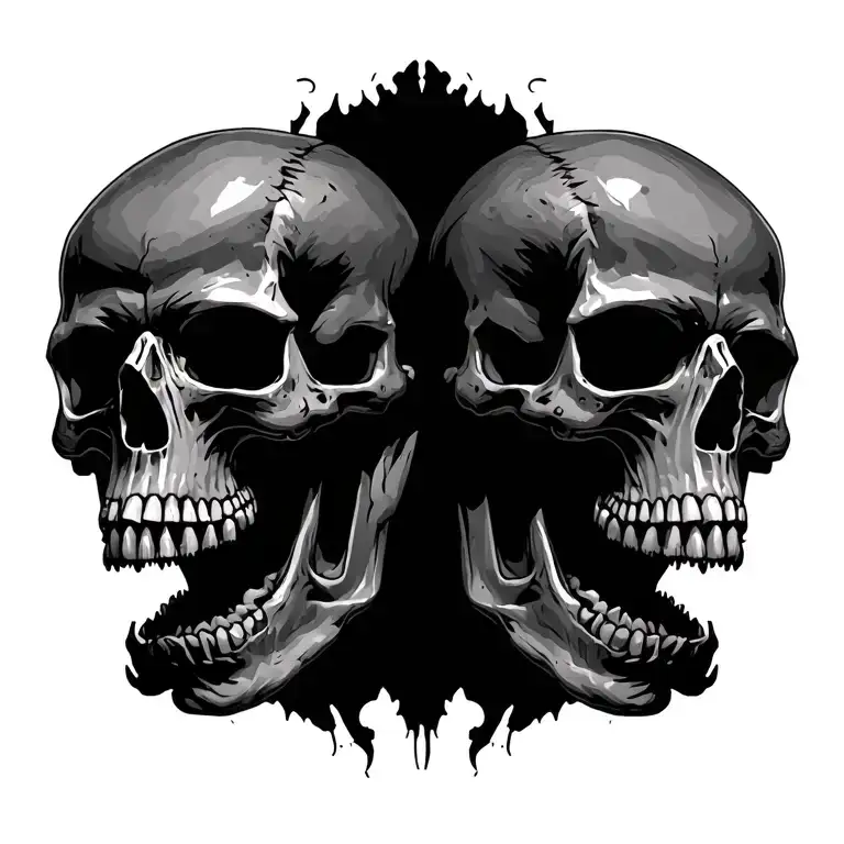 Two Skulls Joined From The Back Pulling Away From Each Other With Mouths Opened