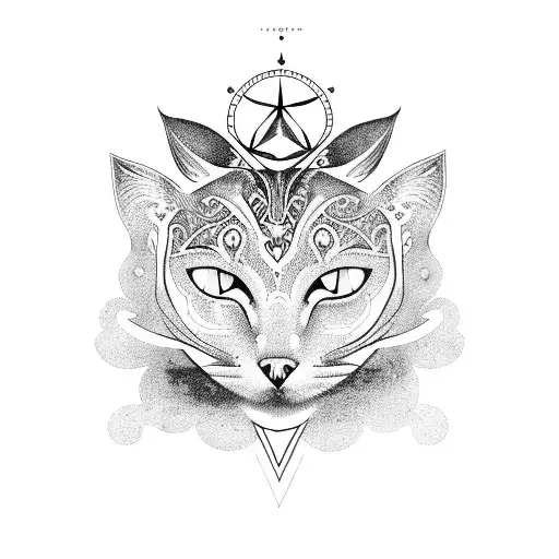 A Mystical Tattoo Of A Cat And Raven Intertwined With Pentagrams