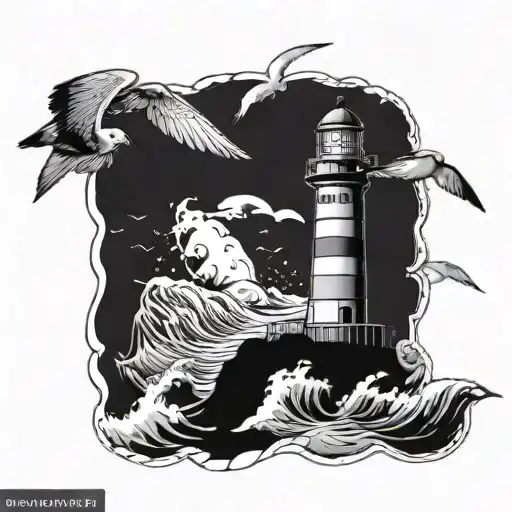 A Majestic Lighthouse Surrounded By Crashing Waves And Seagulls