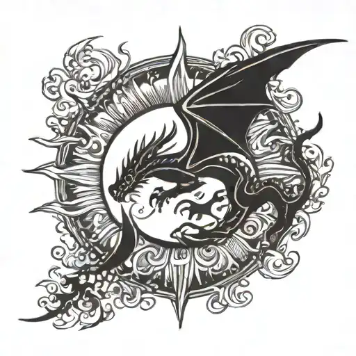 A Sun With The Circle Outlines As A Dragon Flying