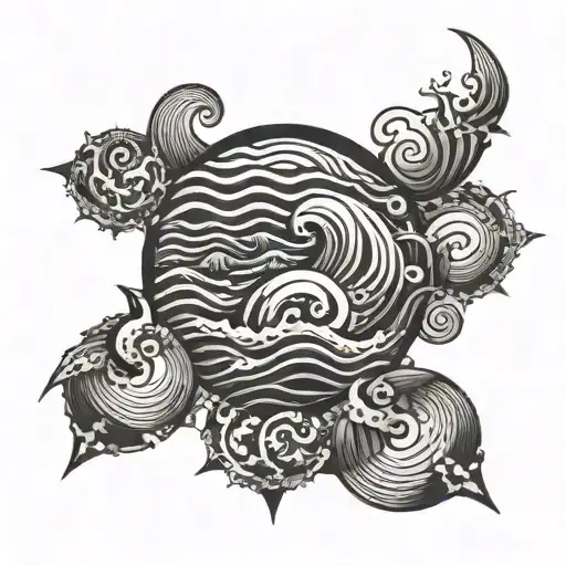 A Geometric Pattern Inspired By The Waves Of The Ocean With Hidden Sea Creatures Throughout