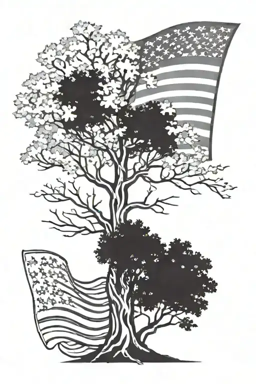 American Flag And Tree Growing