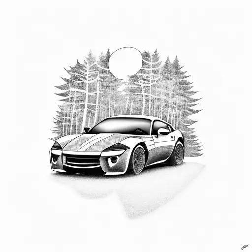 A Blackwork Tattoo Of A Sleek Sports Car Speeding Through A Lush Forest