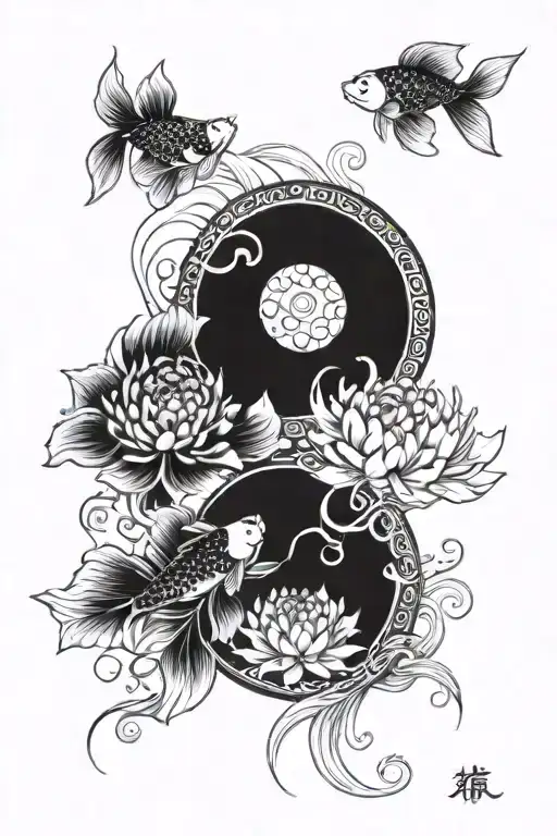 Koi Fish Yin Yang With Chrysanthemum Flower