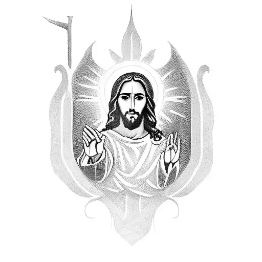 A Stunning Blackwork Tattoo Of Jesus With Praying Hands In A Peaceful Resting Pose