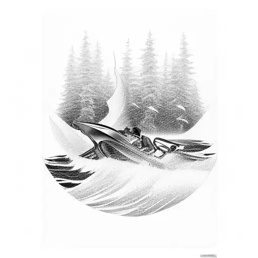 A Tattoo Of A Lancha And Jet Sky Racing Through A River With A Waterfall In The Background