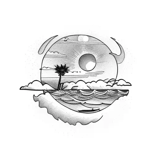 Palm Tree Moon Beach Kayak Sun Dog