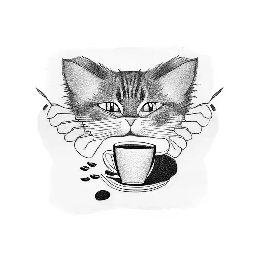 A Whimsical Blackwork Tattoo Of A Cat Artist Sketching With A Coffee Mug In Its Paw