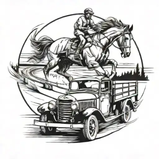 A Dynamic Composition Featuring A Horse And A Dog Driving A Vintage Truck On A Lakeside Race Track