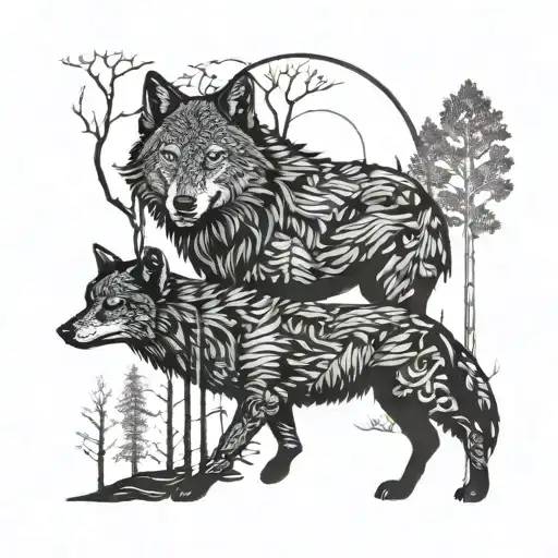 A Silhouette Of A Wolf And An Owl Walking Together In A Forest Setting