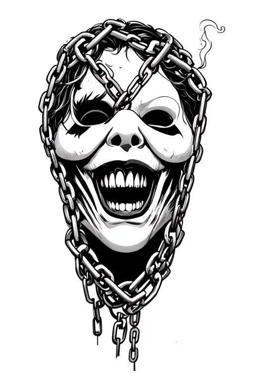 Scary Laugh Now Cry Later Smoking Joint With Masks Intertwined With Chains & Chain Link Fencing