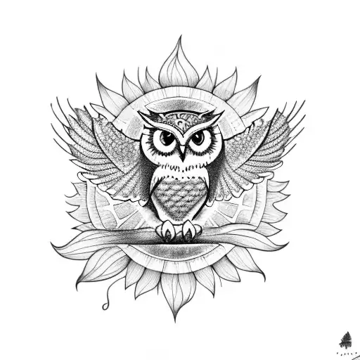 Flying Owl And Sunflower