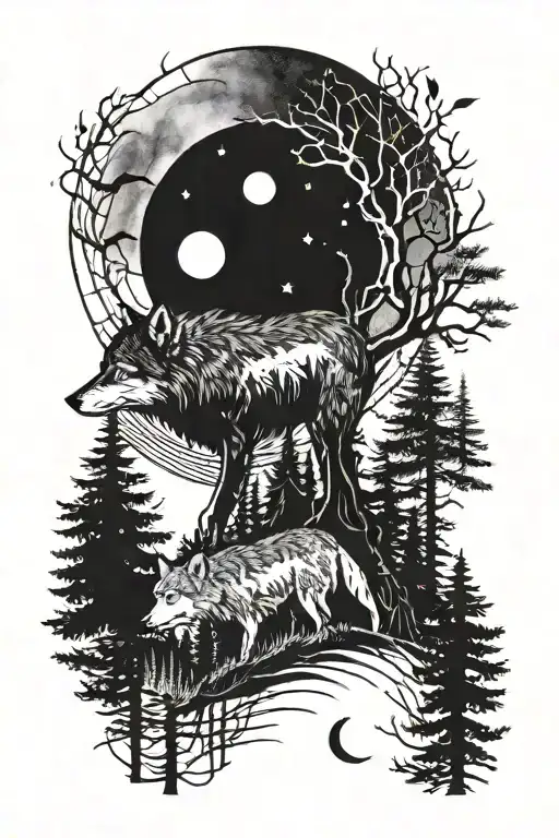Wolf Forest And Moon Phases Incorporated Symbolizing The Client's