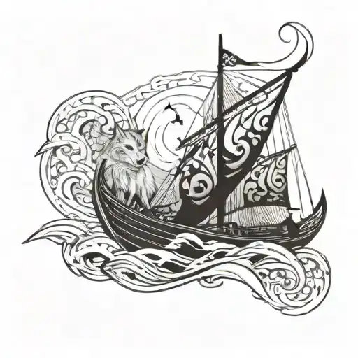 Wolf And Viking Ship Sailing Through Stormy Seas